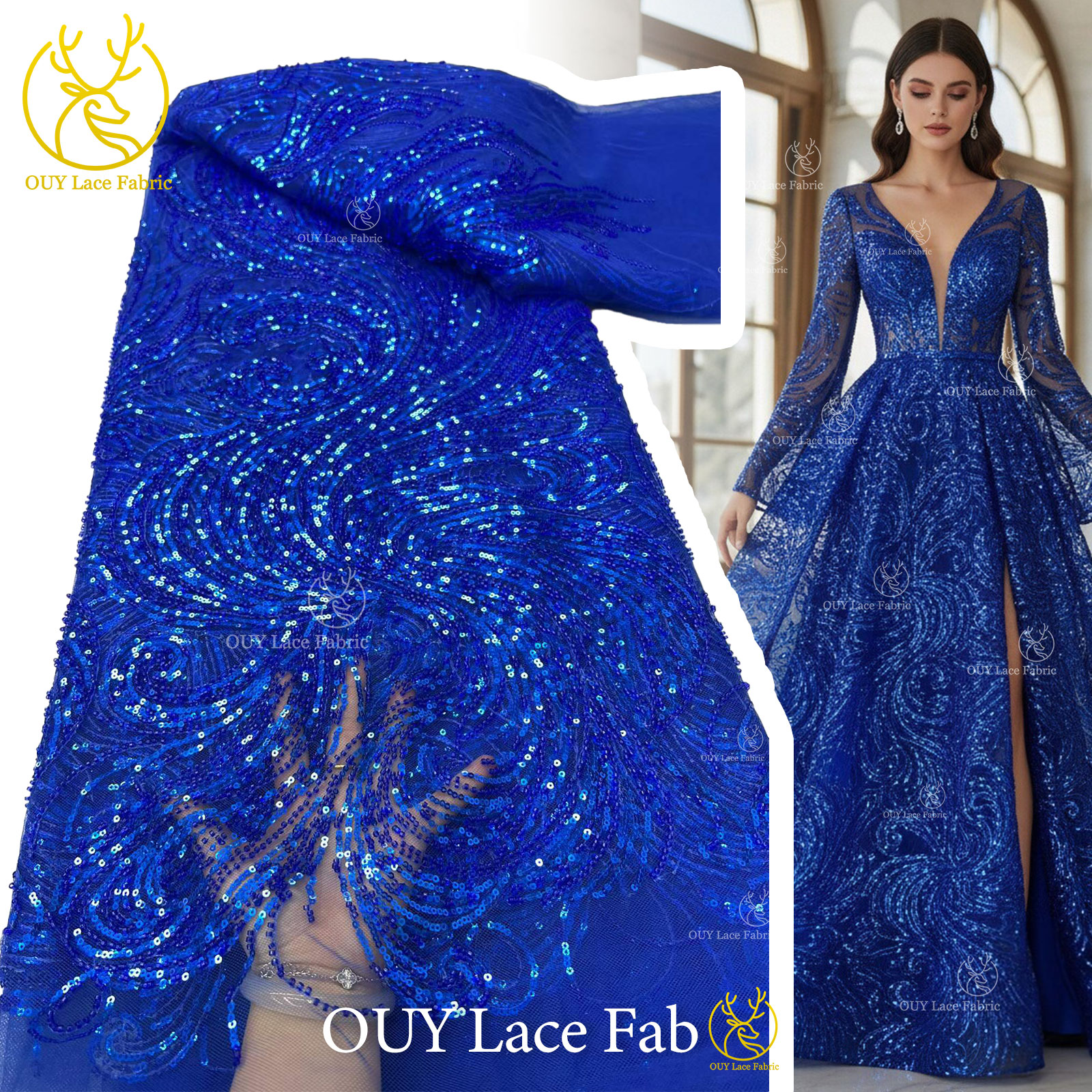 Royal Blue Beaded Sequins Lace - Glitter Tablecloth avis et prix